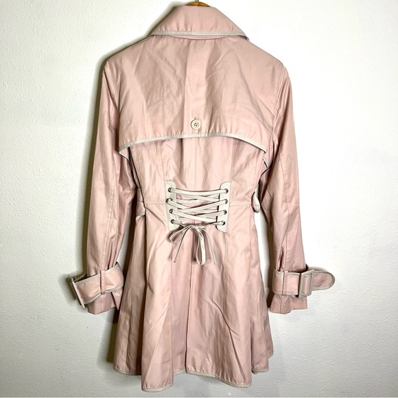 Betsey Johnson Light Pink Trench Coat coquette corset swing twirl sz L jacket - Picture 10 of 16
